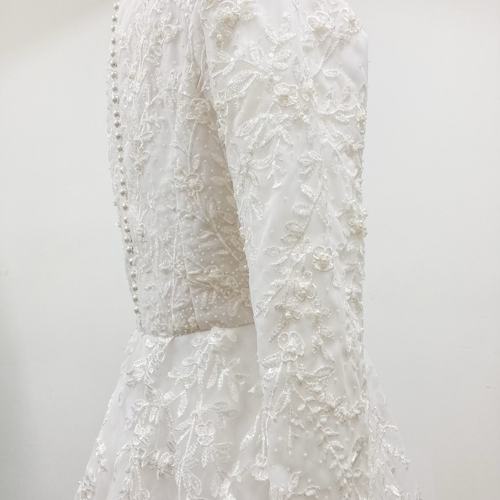 Hijabi custom made long sleeve wedding dress with lace and pearls